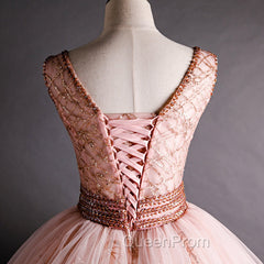 Gorgeous Pink V-neckline Beaded Ball Gown Evening Dresses, Pink Sweet 16 Dresses