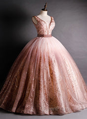 Gorgeous Pink V-neckline Beaded Ball Gown Evening Dresses, Pink Sweet 16 Dresses