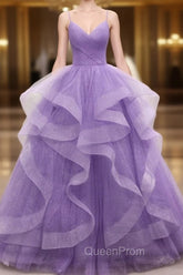 Gorgeous Purple Straps Layers Tulle V-neckline Long Evening Dresses, Light Purple Evening Prom Dresses