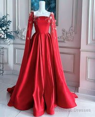 Gorgeous Red Satin Appliques Prom Dress,Formal A Line Party Evening Dress With Cape