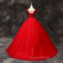 Gorgeous Red Tulle Ball Gown Long Evening Dresses with Lace Flowers, Red Sweet 16 Dresses