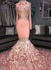 Gorgeous Round Neck Flower Long Sleevess Sequins Mermaid Evening Prom Dresses