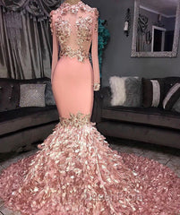 Gorgeous Round Neck Flower Long Sleevess Sequins Mermaid Evening Prom Dresses