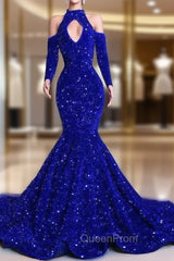 Gorgeous Royal Blue Long Sleeves Evening Prom Dresses Mermaid Long With Sequins