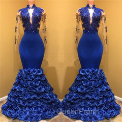 Gorgeous Royal Blue Evening Prom Dresses Long Sleevess Evening Gowns with Rose Flowers