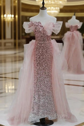 Gorgeous Sheath Off The Shoulder Pink Sequin Long Evening Dresses Evening Prom Dresses Birthday Outfits
