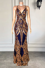 Gorgeous Spaghetti-Straps Sequins Mermaid Evening Prom Dresses Long V-Neck