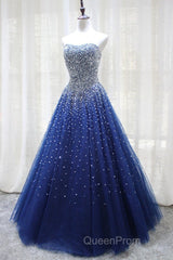 Gorgeous Strapless Blue Tulle Beaded Long Evening Prom Dresses, Beaded Blue Formal Evening Dresses, Beaded Ball Gown
