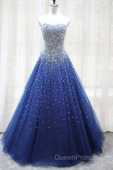 Gorgeous Strapless Blue Tulle Beaded Long Evening Prom Dresses, Beaded Blue Formal Evening Dresses, Beaded Ball Gown