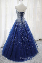 Gorgeous Strapless Blue Tulle Beaded Long Evening Prom Dresses, Beaded Blue Formal Evening Dresses, Beaded Ball Gown
