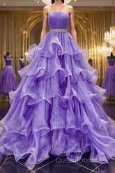 Gorgeous Strapless Layered Purple Tulle Long Evening Prom Dresses with Belt, Purple Formal Evening Dresses, Purple Ball Gown