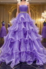 Gorgeous Strapless Layered Purple Tulle Long Evening Prom Dresses with Belt, Purple Formal Evening Dresses, Purple Ball Gown