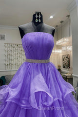 Gorgeous Strapless Layered Purple Tulle Long Evening Prom Dresses with Belt, Purple Formal Evening Dresses, Purple Ball Gown