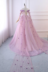 Gorgeous Tulle Off Shoulder Flowers Lace-Up Long Formal Dresses, Pink Evening Prom Dresses