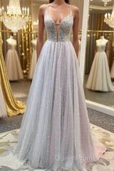Gorgeous V Neck Backless Beaded Gray Tulle Long Evening Prom Dresses, Backless Grey Formal Graduation Evening Dresses