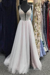 Gorgeous V Neck Backless Beaded Gray Tulle Long Evening Prom Dresses, Backless Grey Formal Graduation Evening Dresses