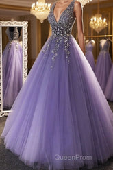 Gorgeous V Neck Beaded Purple Tulle Long Evening Prom Dresses, V Neck Purple Formal Evening Dresses, Purple Ball Gown