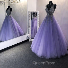 Gorgeous V Neck Beaded Purple Tulle Long Evening Prom Dresses, V Neck Purple Formal Evening Dresses, Purple Ball Gown