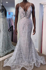 Gorgeous V Neck Mermaid Backless Silver Gray Evening Prom Dresses, Mermaid Silver Gray Formal Dresses, Backless Silver Gray Evening Dresses