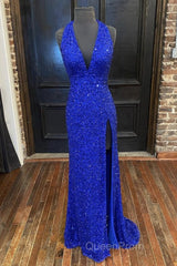 Gorgeous V Neck Mermaid Blue Sequins Long Evening Prom Dresses, Mermaid Blue Formal Dresses, Blue Evening Dresses
