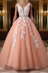 Gorgeous V Neck Open Back Coral Lace Floral Long Evening Prom Dresses, Coral Lace Formal Dresses, Coral Evening Dresses with Appliques