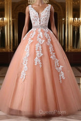 Gorgeous V Neck Open Back Coral Lace Floral Long Evening Prom Dresses, Coral Lace Formal Dresses, Coral Evening Dresses with Appliques