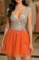 Gorgeous V Neck Open Back Orange Short Evening Prom Homecoming Dresses, Short Orange Formal Evening Dresses
