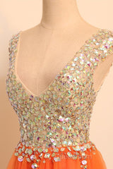 Gorgeous V Neck Open Back Orange Short Evening Prom Homecoming Dresses, Short Orange Formal Evening Dresses