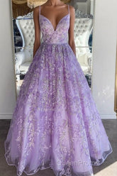 Gorgeous V Neck Thin Straps Purple Long Evening Prom Dresses, V Neck Purple Formal Evening Dresses, Purple Ball Gown