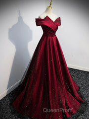 Gorgeous Wine Red Satin Off Shoulder Party Dresses , Beautiful Wine Red Evening Prom Dresses