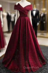 Gorgeous Wine Red Satin Off Shoulder Party Dresses , Beautiful Wine Red Evening Prom Dresses