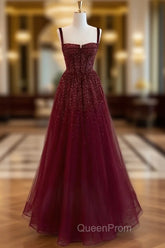 Gothic Burgundy Spaghetti Straps Sequins Beaded Evening Prom Dresses Tulle Party Evening Dresses