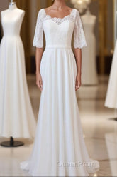 Graceful Long A-line Lace Chiffon Wedding Dresses with Sleeves