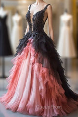 Gradient A-Line Tulle Lace Deep V Neck Long Evening Prom Dresses, Layered Beaded Evening Dresses