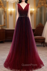 Gradient Beaded Wine Red Tulle Long Party Dresses, A-line Wine Red Evening Prom Evening Dresses