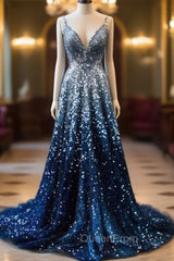 Gradient Blue A-Line Spaghetti Straps Sequins Long Evening Prom Dresses V-Neck Evening Gown
