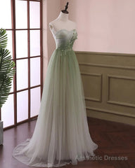 Gradient Light Green Beaded Tulle A-line Party Dress Long Junior Prom Dress prom dresses shops