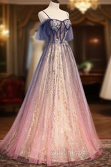 Gradient Pink Sweetheart Floor Length Party Dresses, A-line Gradient Long Evening Prom Dresses