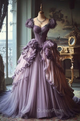 Gradient Purple A-Line Sweetheart Neck Tulle Lace Vintage Long Evening Prom Dresses