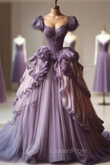 Gradient Purple A-Line Sweetheart Neck Tulle Lace Vintage Long Evening Prom Dresses