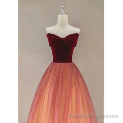 Gradient Red Tulle with Velvet Long Party Dress, Cute Floor Length Formal Dress
