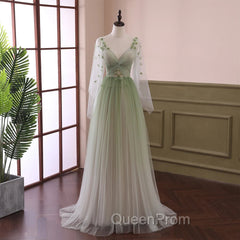 Gradient Tulle Green Beaded Long Sleeves Party Dresses, Green Evening Dresses
