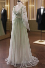 Gradient Tulle Green Beaded Long Sleeves Party Dresses, Green Evening Dresses