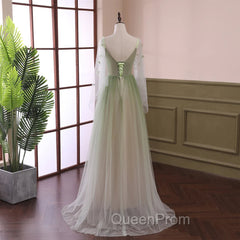 Gradient Tulle Green Beaded Long Sleeves Party Dresses, Green Evening Dresses