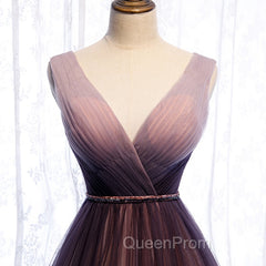 Gradient V-neckline Tulle Long Evening Prom Dresses Party Dresses, Gradient Evening Gown