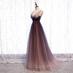 Gradient V-neckline Tulle Long Evening Prom Dresses Party Dresses, Gradient Evening Gown