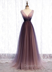 Gradient V-neckline Tulle Long Evening Prom Dresses Party Dresses, Gradient Evening Gown