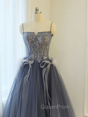Gray A Line Lace Tulle Long Evening Prom Dresses, Gray Evening Dresses