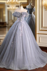 Gray A Line Off the Shoulder Appliques Tulle Long Evening Prom Dresses Evening Party Dresses