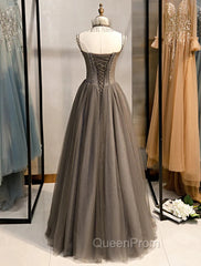 Gray A-Line Evening Prom Dresses Open Back Dresses Evening Wedding Party Floor Length Sleeveless Spaghetti Strap Tulle with Pleats Crystals